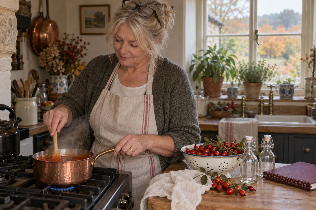 A woman making rosehip syrup in her kitchen