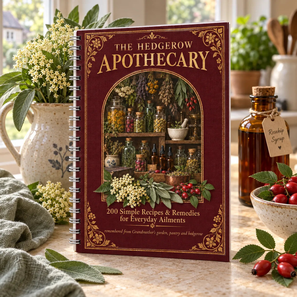 The Hedgerow Apothecary on a kitchen worktop with elderflowers and rosehip syrup