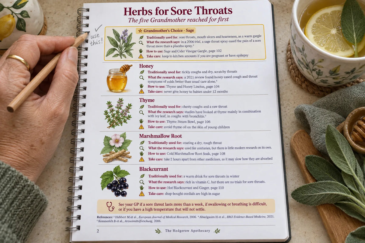 Inside: Herbs for Sore Throats, with a pencil note