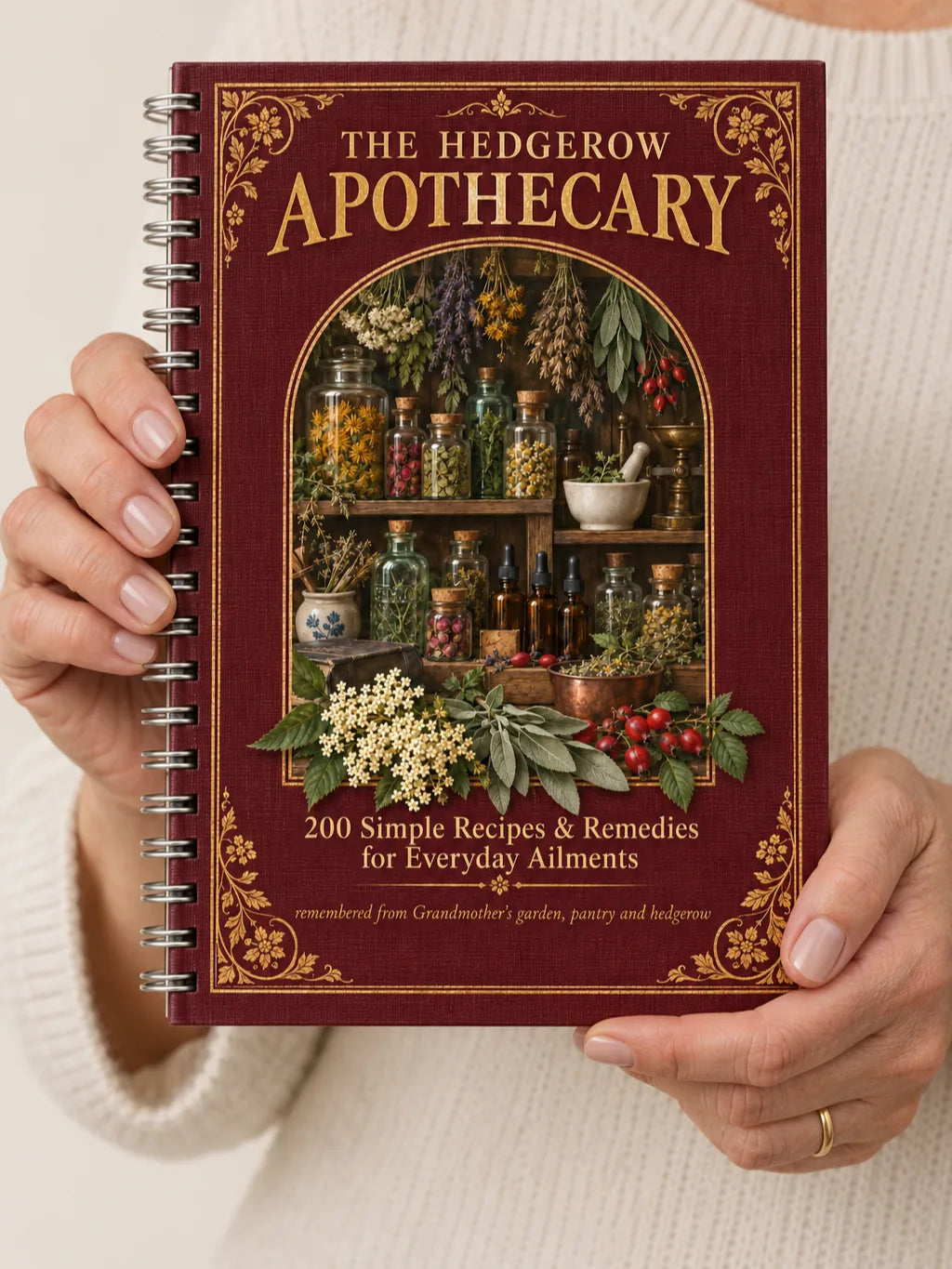Two hands holding The Hedgerow Apothecary spiral-bound book